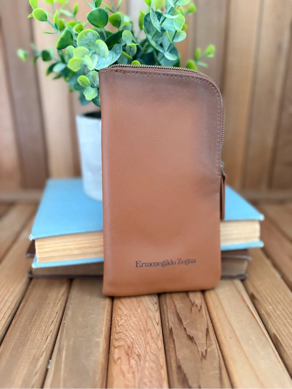 Ermenegildo Zegna Leather Zip Pouch Brown Designer Travel Case